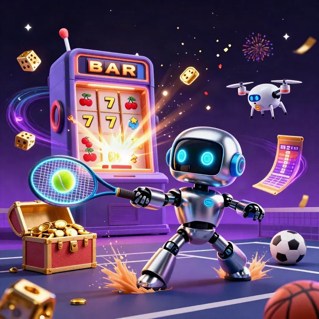 Cyberpunk robot, holographic dragon and drone amid slot bursts, tennis ball, gold, fireworks