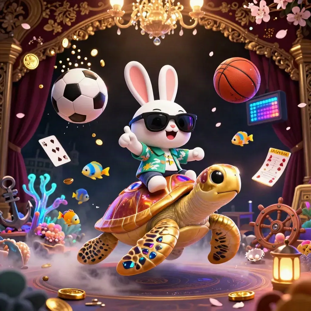 Rabbit on golden turtle amid coins, fish, cards and sports balls in a neon casino cove.