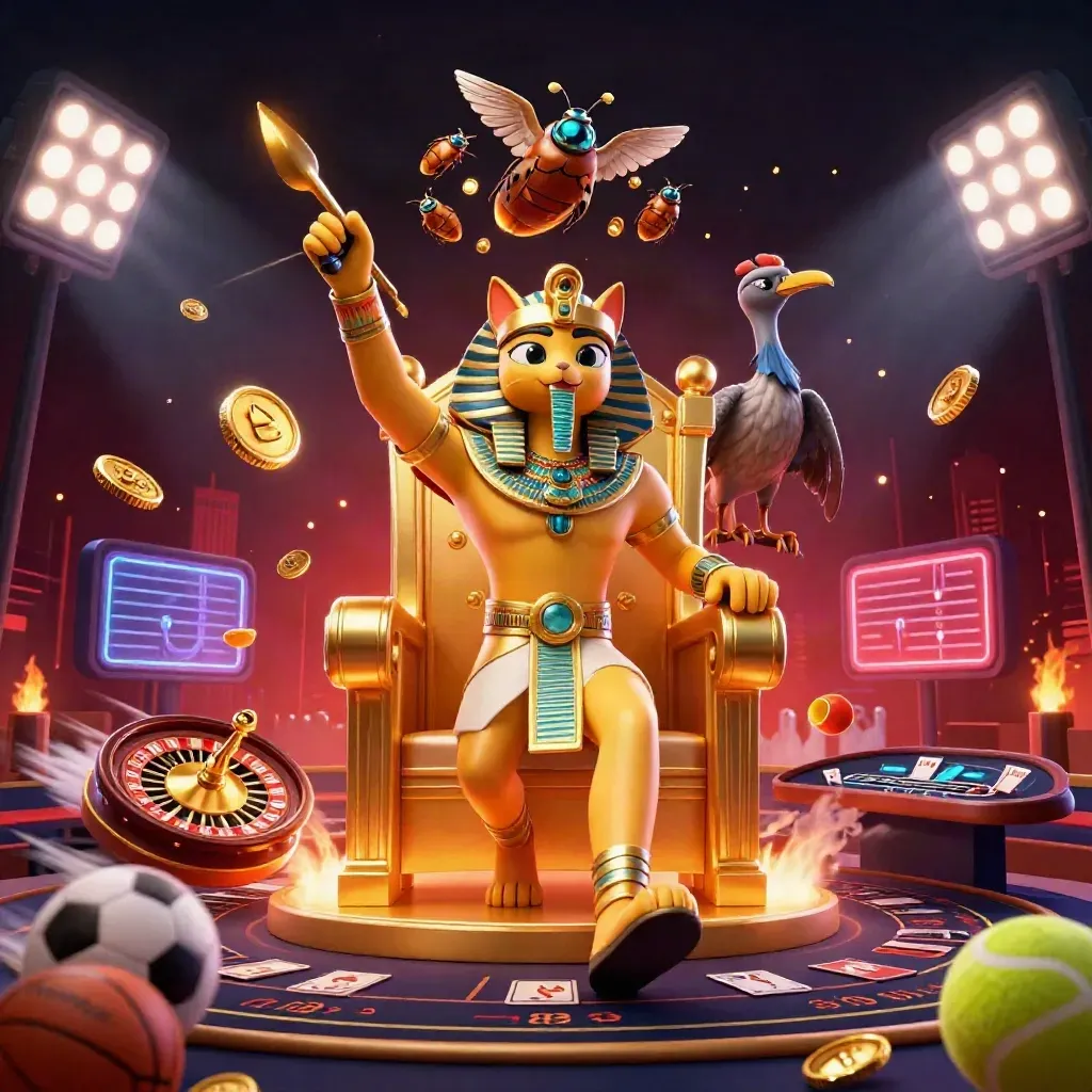 Pharaoh cat on throne with ibis scribe, scarab wings, casino lights, coins, and spinning roulette
