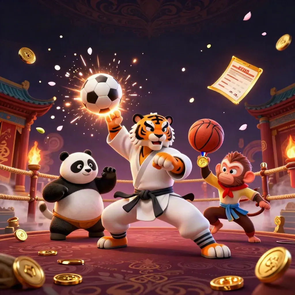 Tiger, panda, and monkey in a low-angle casino-sports fantasy with balls, coins, and gold light.