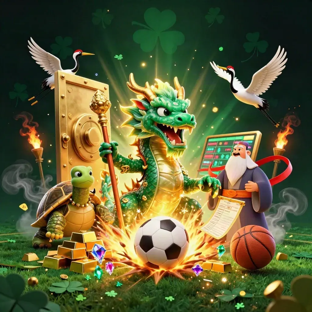 Dragon, turtle sage, and cranes amid casino loot, balls, and glowing sports energy.