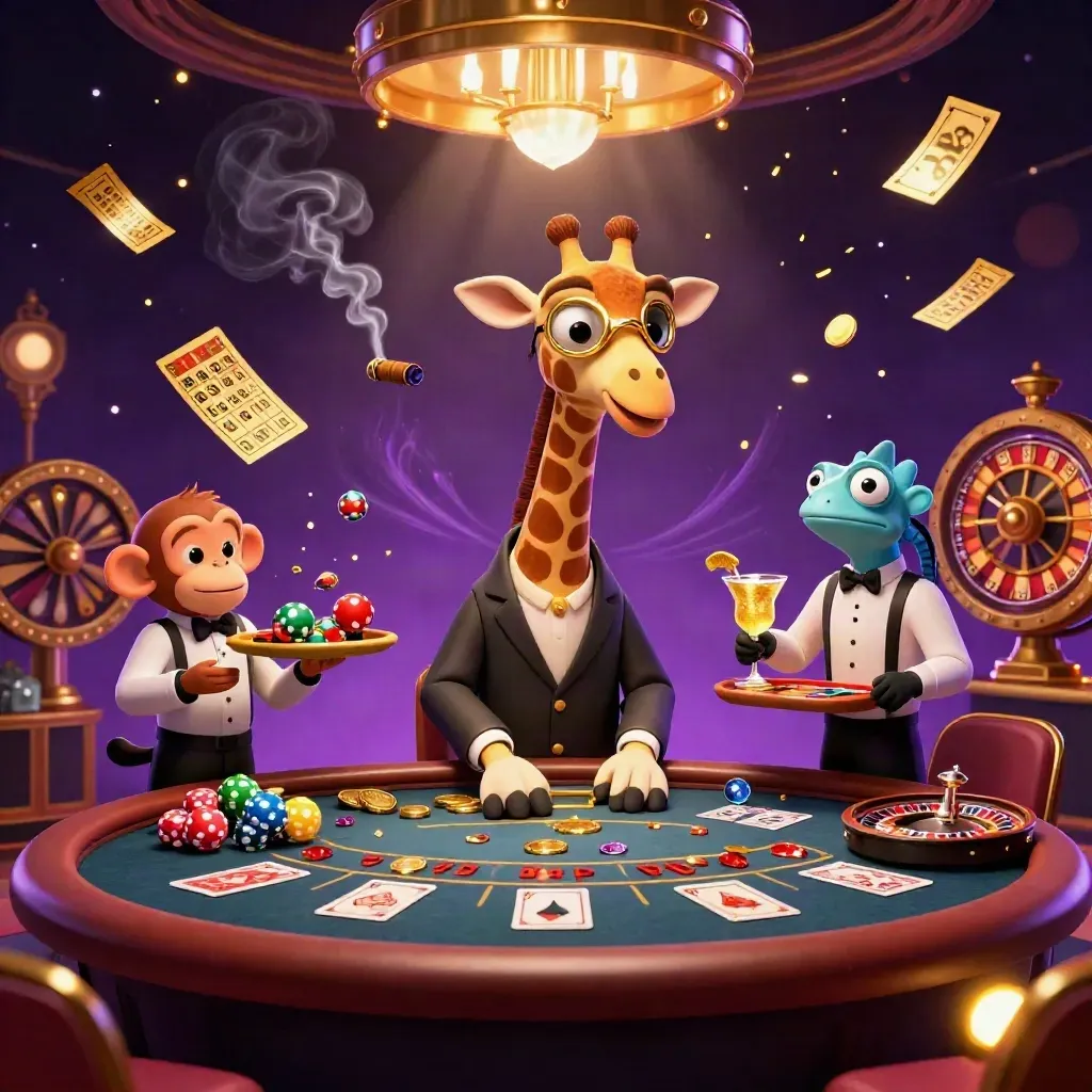 Giraffe high roller, monkey valet, and chameleon bartender in a glowing casino lounge with burst effects.