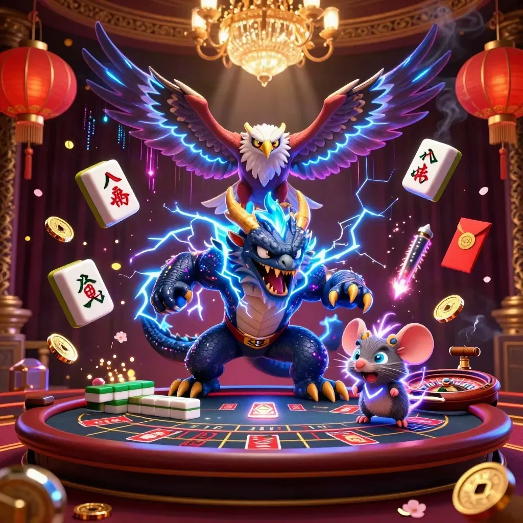 Thunder dragon, wind hawk, and thunder-mouse in a luxe casino with gold light and neon energy.