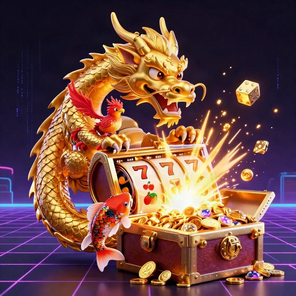 Golden dragon, phoenix, koi, and slot machine erupt with coins and neon energy in dark casino glow