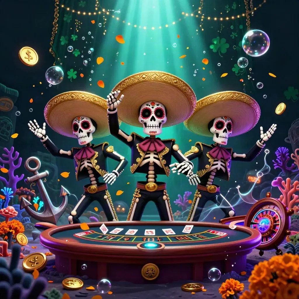 Skeleton mariachi trio in a glowing underwater treasure cove with roulette and cards