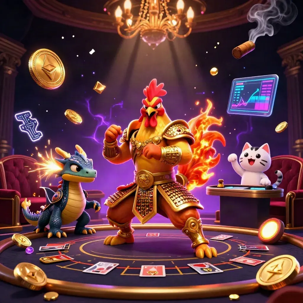 Rooster samurai, dragon hatchling, and fortune cat in a neon casino with coins, sparks, and glowing tables.