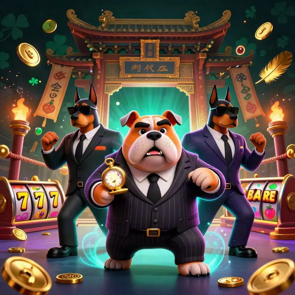 Mafia bulldog and two Dobermans amid gold bursts, temple gate, neon casino glow.