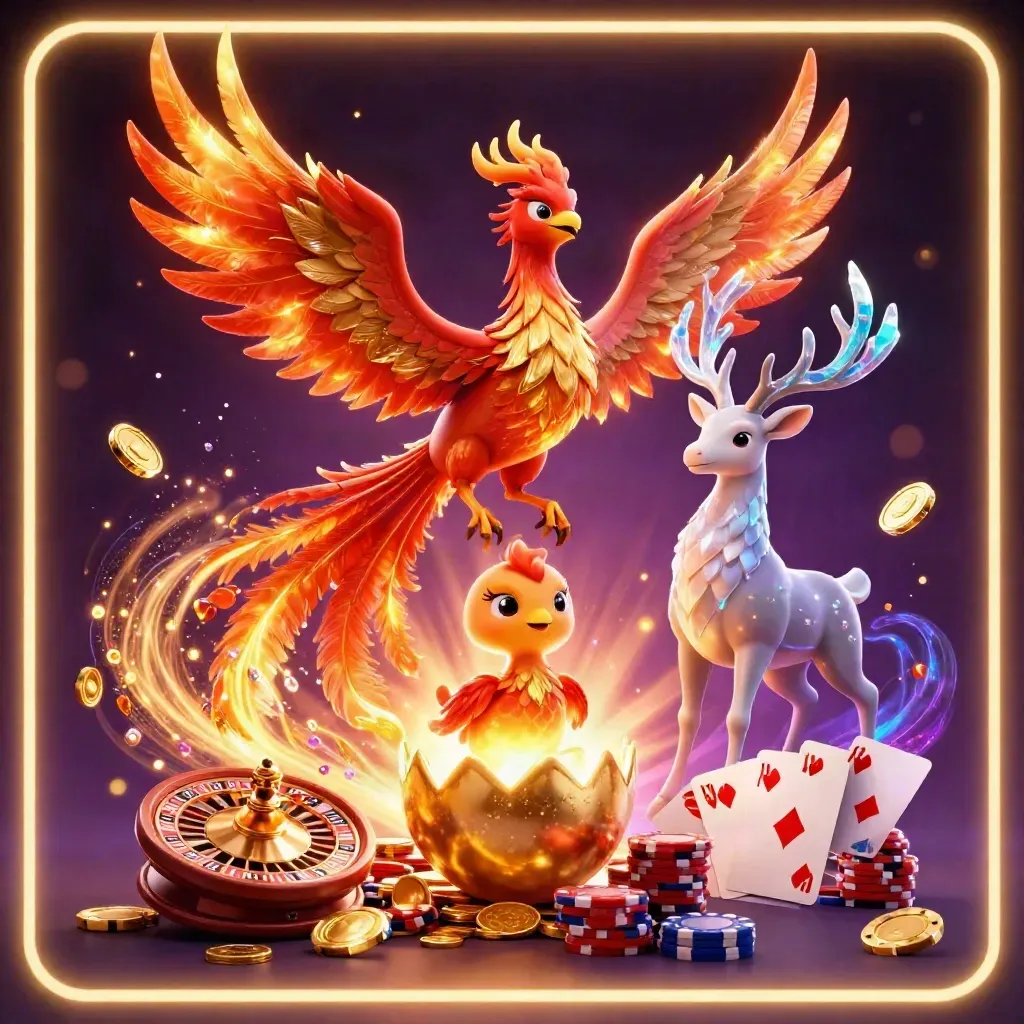 Phoenix, baby phoenix, and crystalline stag amid coins, gems, cards, chips, and roulette glow.