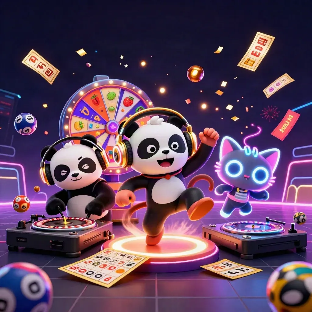 DJ panda, breakdancing monkey, and glow-stick kitten in neon casino key art