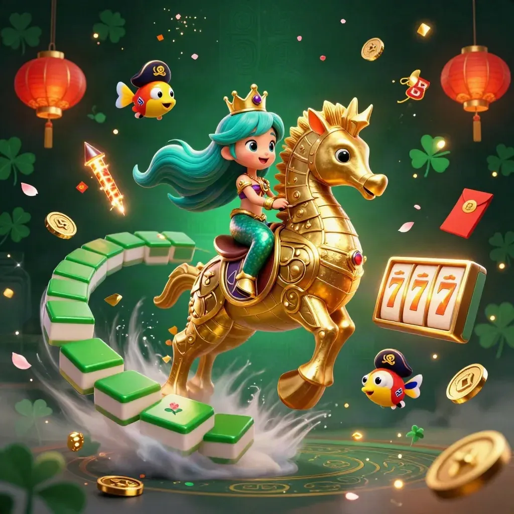Mermaid princess rides a golden seahorse amid casino charms, lanterns, coins, and glowing runes.