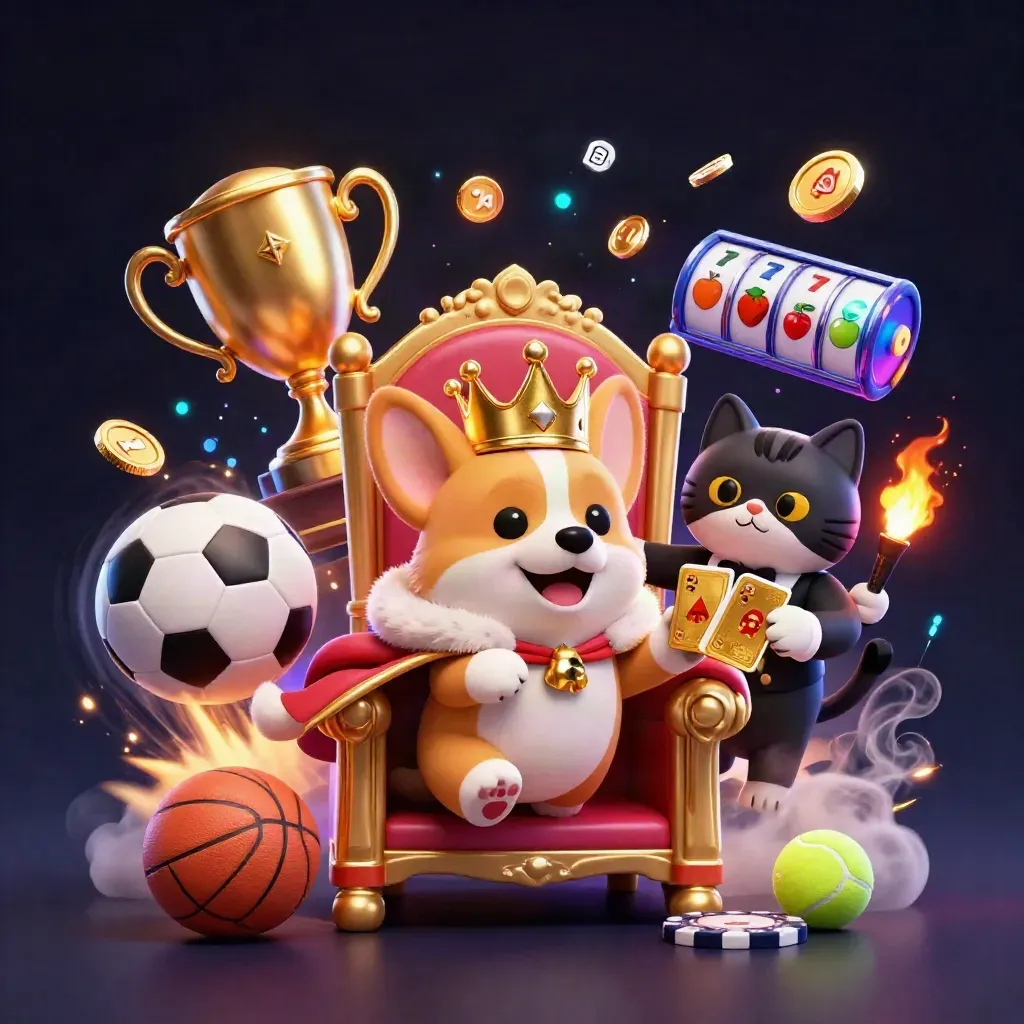 Royal corgi and cat butler blast through neon casino chaos with balls, coins, trophy, and glowing lights.