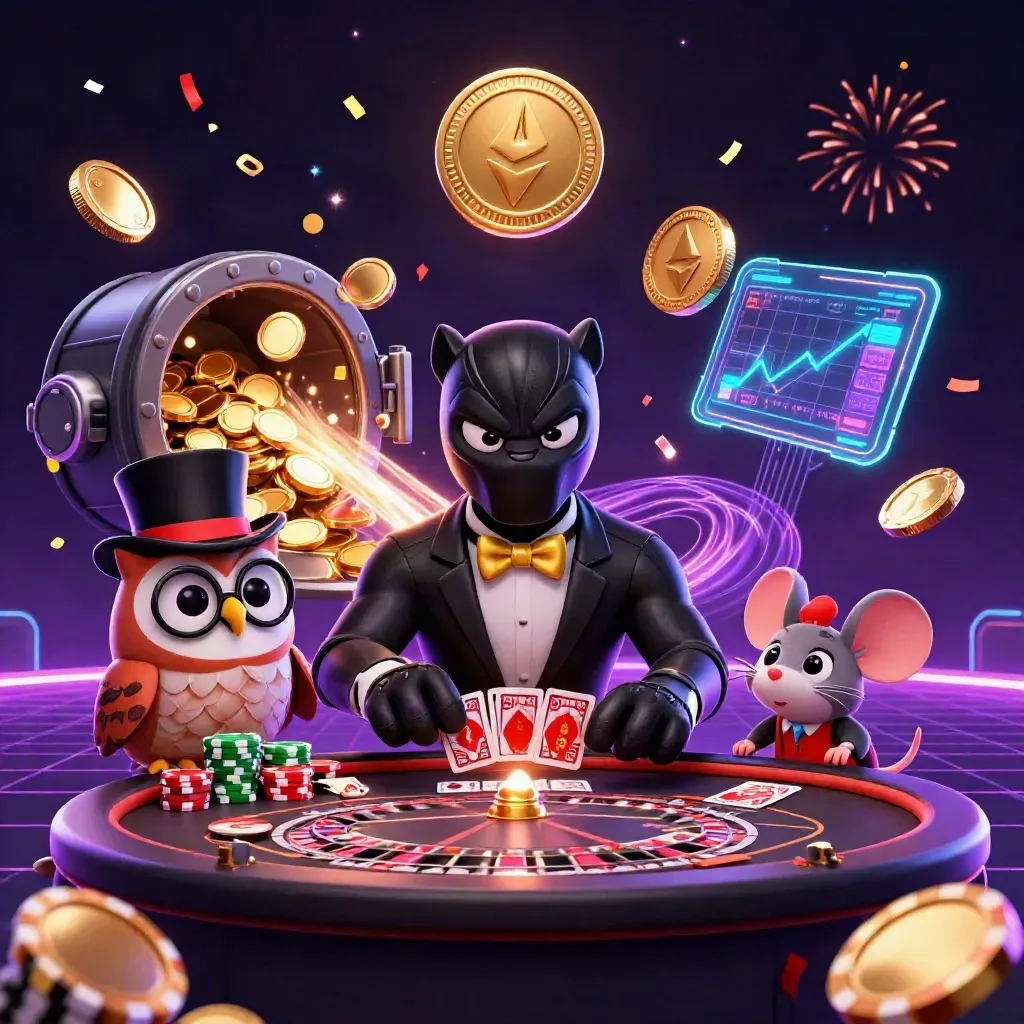 Panther, owl, and mouse in tux, top hat, and vest amid coins, cards, and neon casino tech.