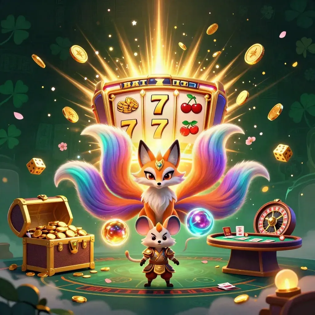Fox spirit, samurai mouse, and casino burst with coins, slots, cards, and gold in dark neon glow