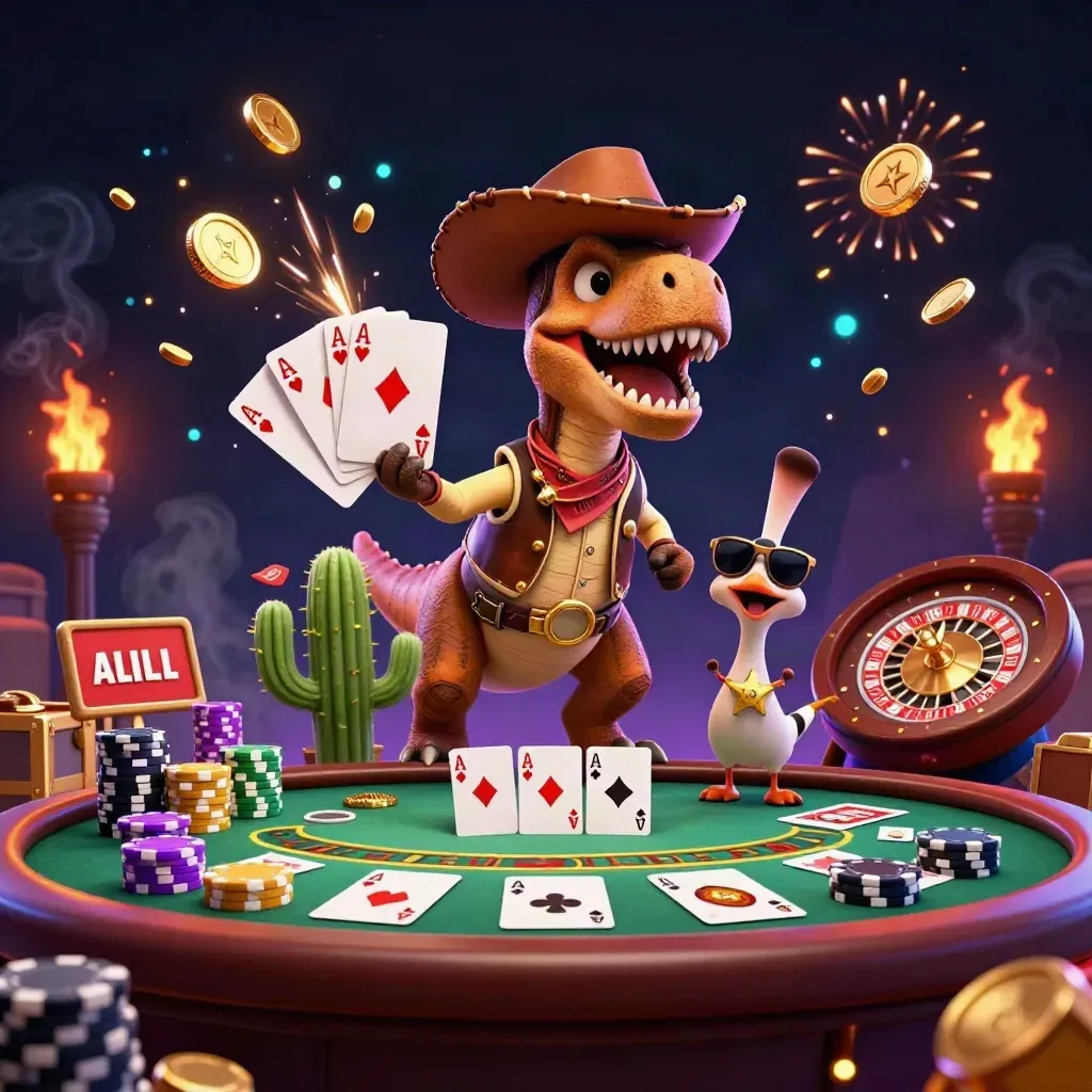 Cowboy T-Rex, cactus, and roadrunner amid casino coins, cards, fireworks, and neon glow.