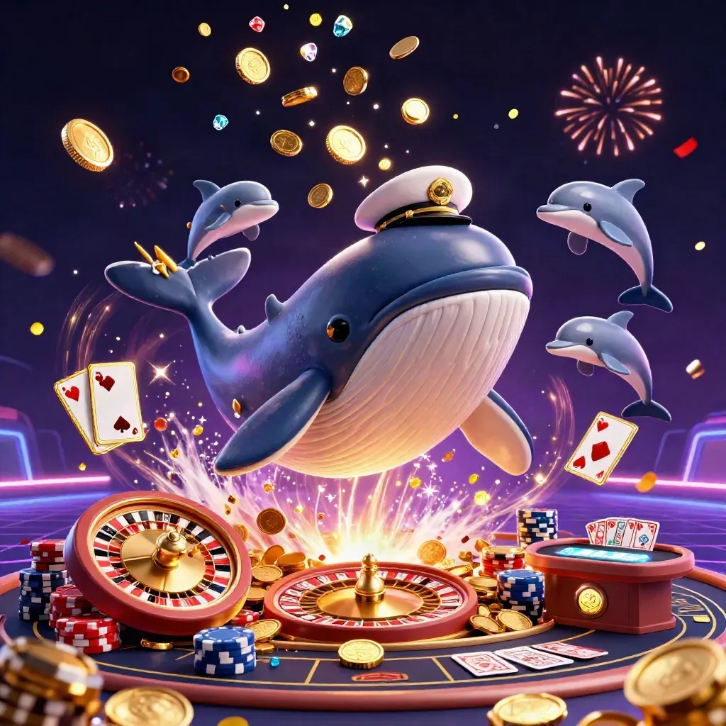 Whale captain, narwhal, dolphins amid coins, chips, roulette, fireworks in neon casino glow.