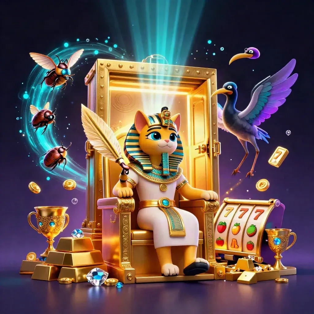Pharaoh cat, ibis scribe and gem scarabs amid treasure vault, slot symbols and neon glow.