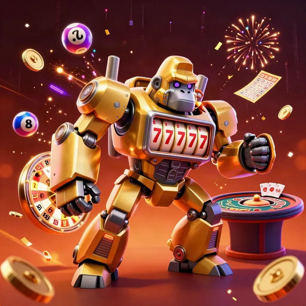 Golden gorilla mech with monkey pilot amid coins, roulette, and fireworks in a dark casino burst.