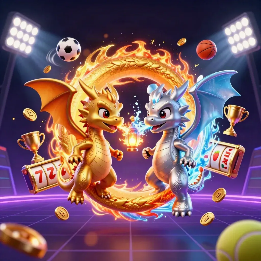 Twin gold and silver dragons form a yin-yang amid casino icons and neon glow.