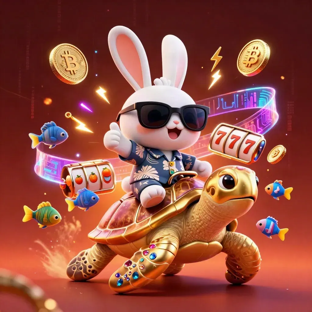 Cartoon rabbit on a gold sea turtle with casino coins, reels and neon lightning in a fiery glow