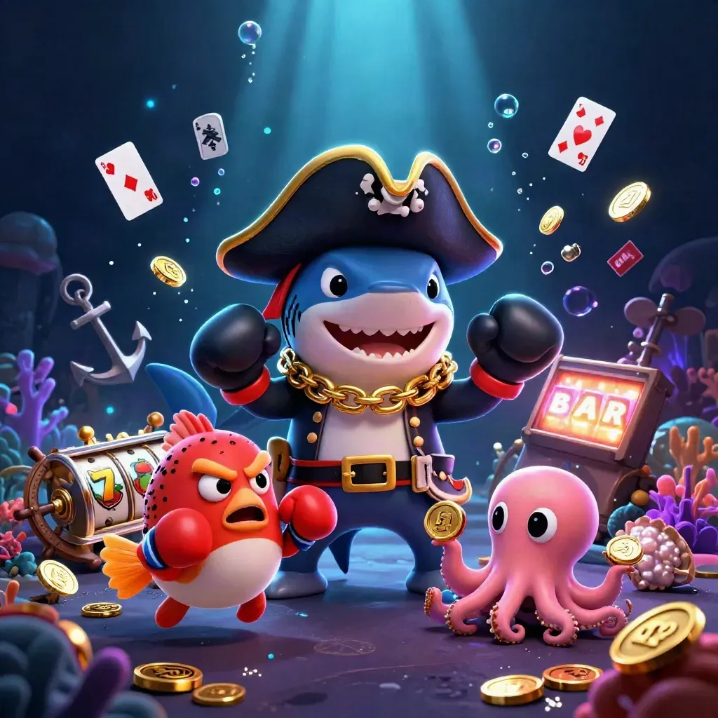 Shark pirate, boxing pufferfish, and juggling octopus amid gold coins and glowing undersea casino effects.