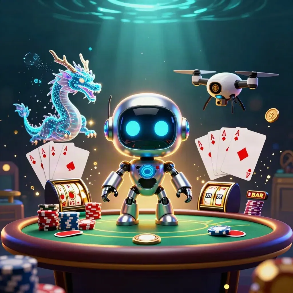 Robot, holographic dragon and coin drone over a casino poker table with chips and glowing slot reels.