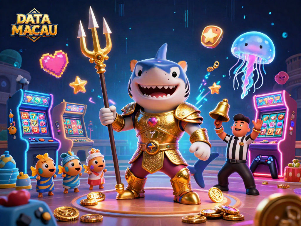 Engage in DATA MACAU's thrilling gaming journey with vibrant slot reels and a tiger shark warrior.