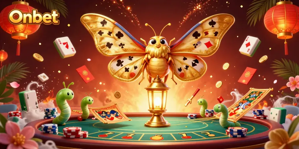 Engage with Onbet's vibrant casino artwork featuring a golden atlas moth and lively poker elements.
