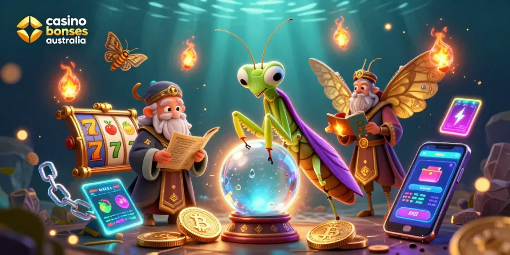 Engage with top casino bonuses Australia through dynamic 3D casino-themed illustration showcasing vibrant slots and crypto elements.
