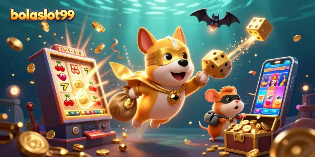 Bolaslot99 showcases a superhero dog flying with gold coins amidst vibrant casino elements for big wins.