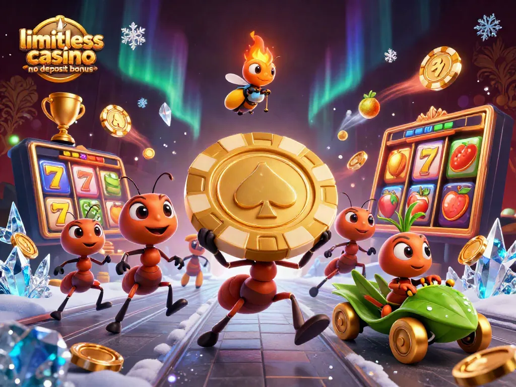 Experience the limitless casino no deposit bonus with 3D illustrations of animated ant characters carrying a giant poker chip.