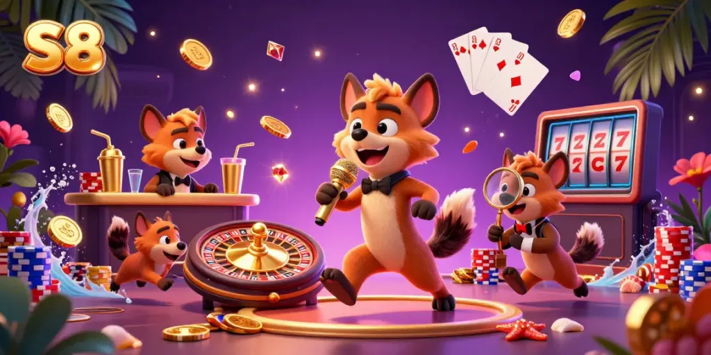 S8 hyenas perform as casino characters with golden coins and a roulette wheel in a vivid comedy club.