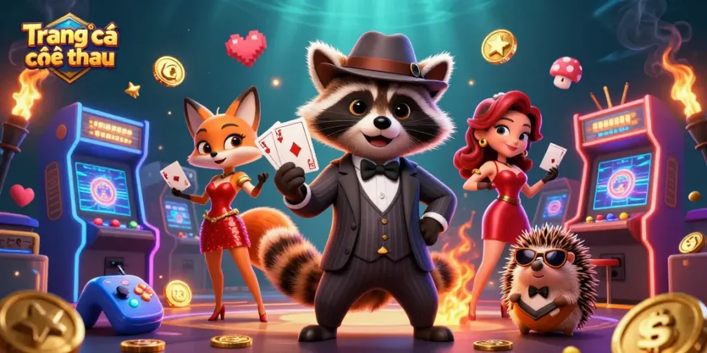 Engage with Trang cá cược thể thao through a lively scene featuring a raccoon, fox, and hedgehog amidst colorful gaming machines.