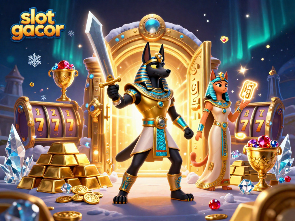 Menghidupkan slot gacor dengan Anubis dan Bastet di tengah harta karun yang bersinar.