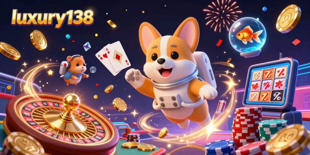 Luxury138 offers thrilling slots adventure with coins and characters in a vibrant casino scene.