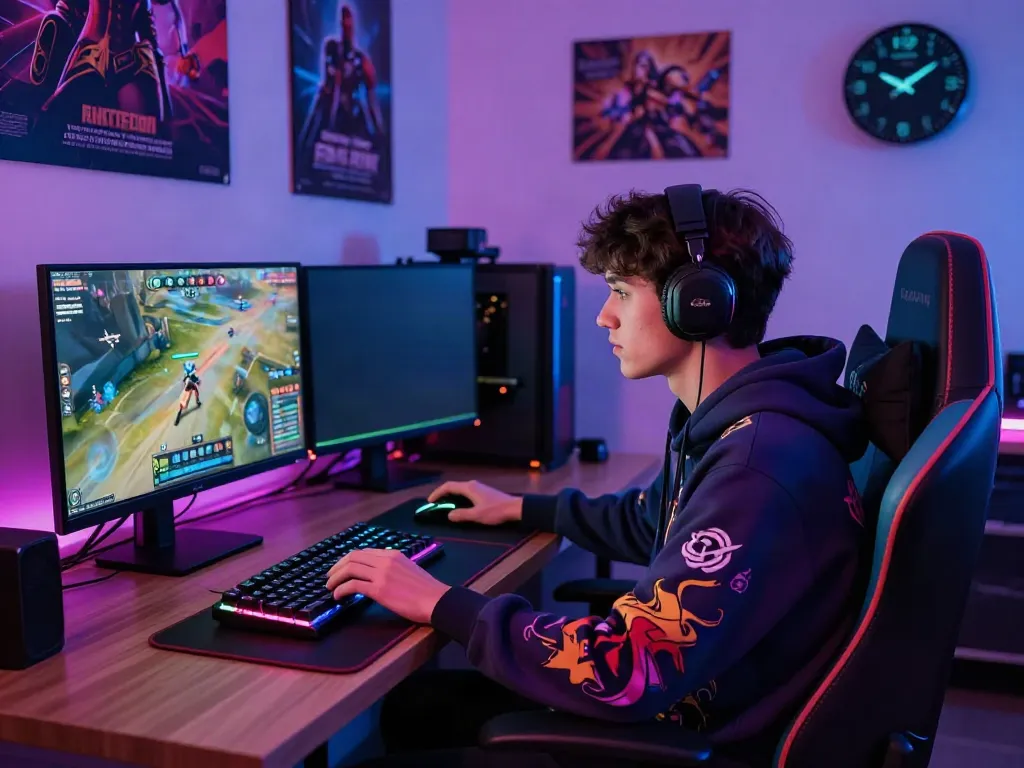 Engaged gamer playing a game online in a vibrant, high-tech gaming setup