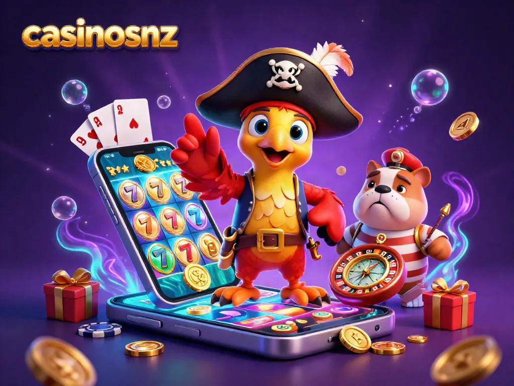 Engage with casinosnz through a vibrant 3D scene showcasing pirate-themed online casino action.