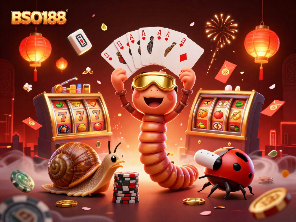 Engage in the thrill of BSO188 with a dynamic casino scene featuring a cartoon millipede dealer and vibrant elements.