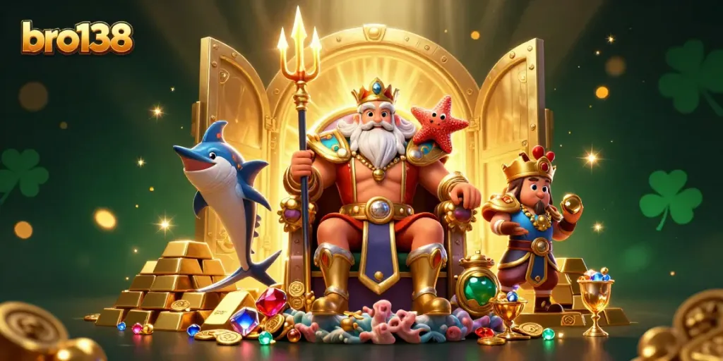 Experience the thrill of bro138 as Neptune presides over treasures and gaming riches in a vibrant casino scene.
