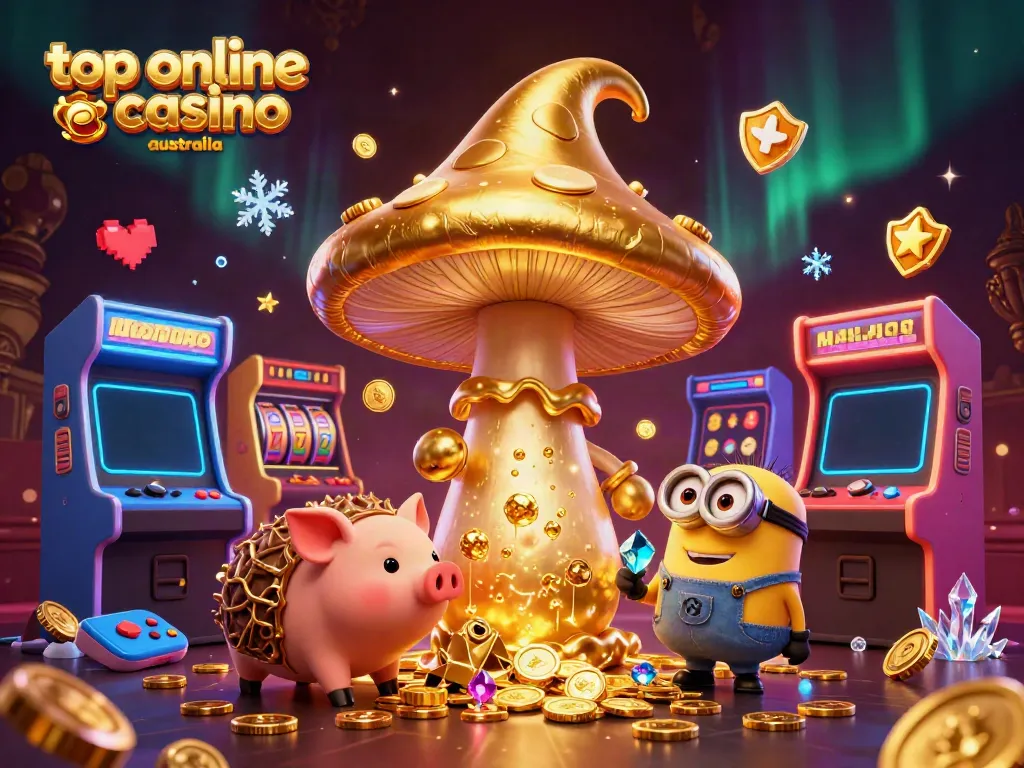 Engaging scene featuring top online casino Australia elements like slots and a magical golden wizard.