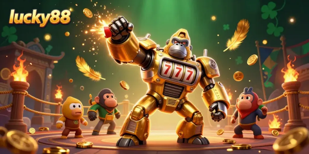 Experience thrilling wins with lucky88 featuring a dynamic golden gorilla mech in an engaging casino atmosphere.