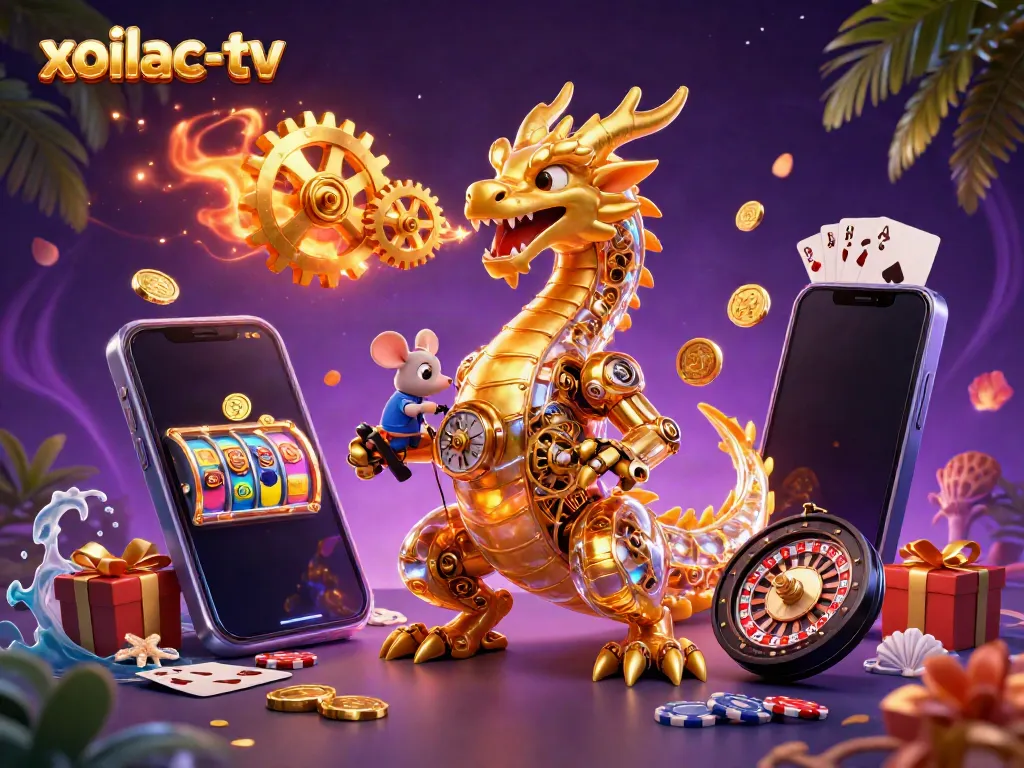 Xoilac-TV showcases exciting gambling action with vibrant dragon and engaging game elements.