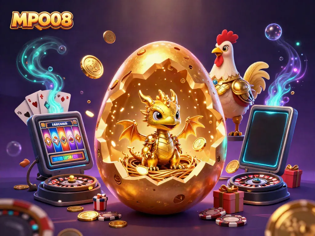 Experience the thrill of MPO08 with a golden dragon revealing exciting games, poker chips, and glimmering coins.