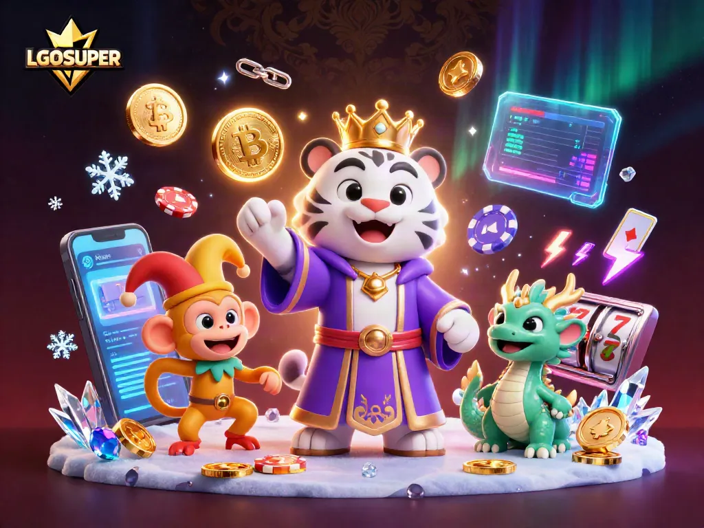 Engage with LGOSUPER as the lively tiger and monkey animate a vibrant casino scene filled with slot elements.