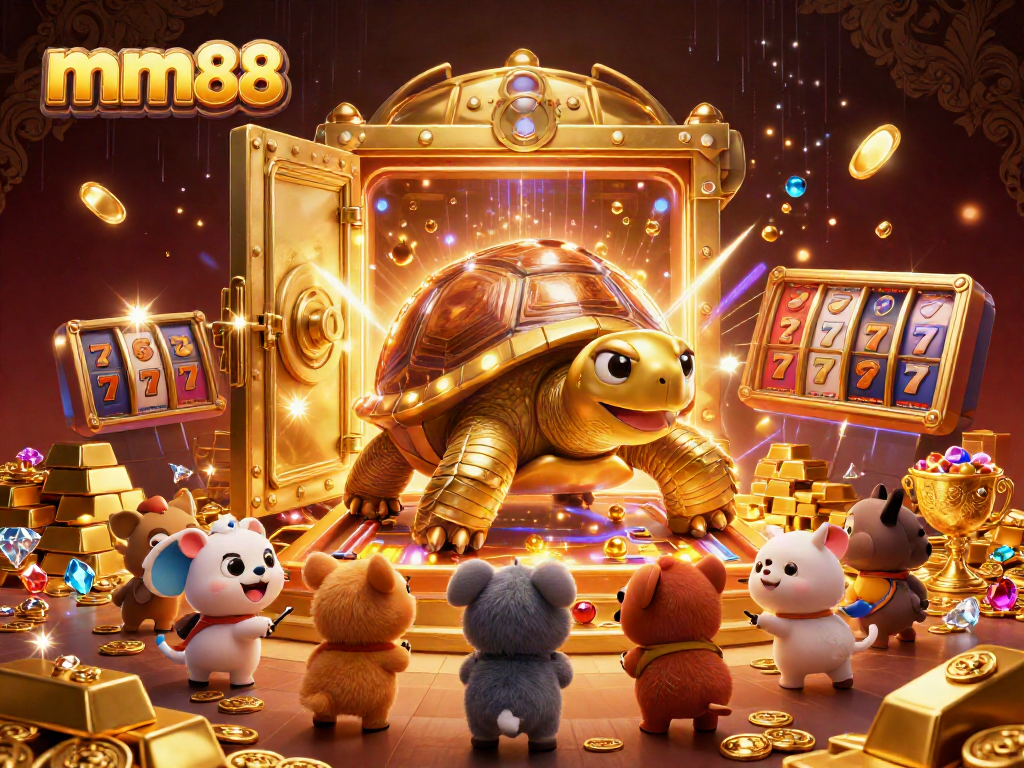 mm88's colossal golden tortoise showcases slot game excitement among treasures and eager players.