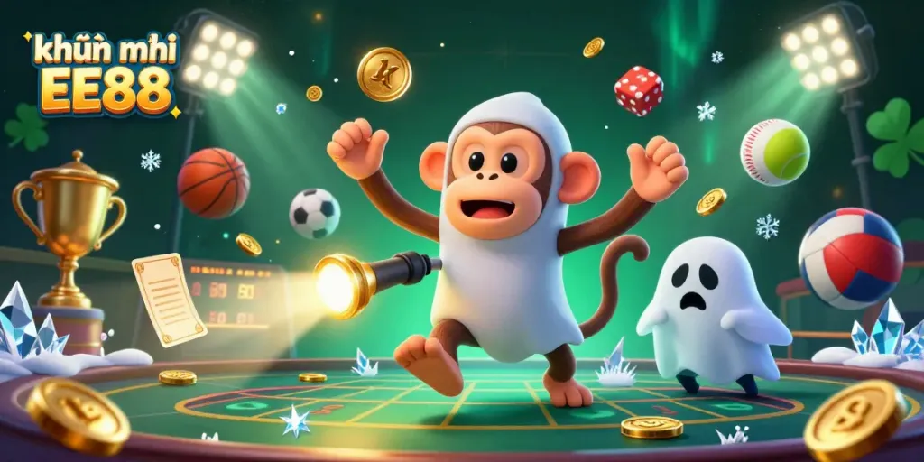 Experience thrilling khuyến mãi EE88 promotions at a haunted casino, where a mischievous monkey juggles golden prizes.