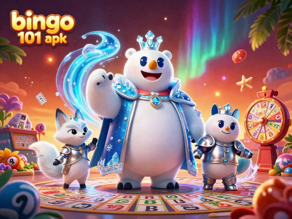 Engage with the bingo 101 apk through a vibrant 3D illustration showcasing bingo elements and characters.