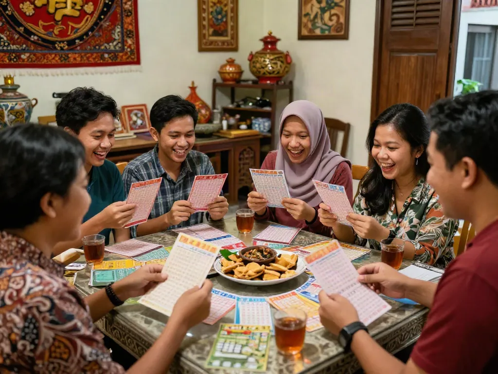 Engaging community scene featuring friends celebrating Nyonya 4D lottery tickets with traditional snacks and cultural decor.