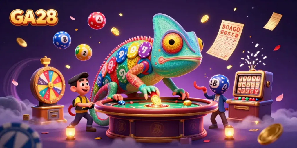 Experience the thrill of GA28 with a vibrant casino scene featuring a chameleon owner and colorful game elements.