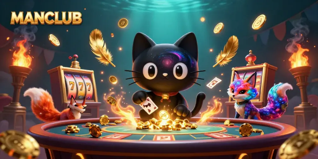 Experience MANCLUB's thrilling casino adventure with the cosmic cat and fox companions.