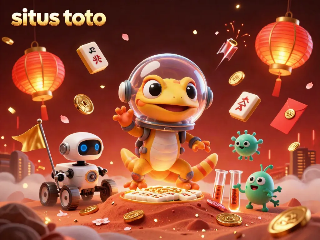 Engage with situs toto as a Martian gecko and robot explore a golden casino amid an otherworldly scene.